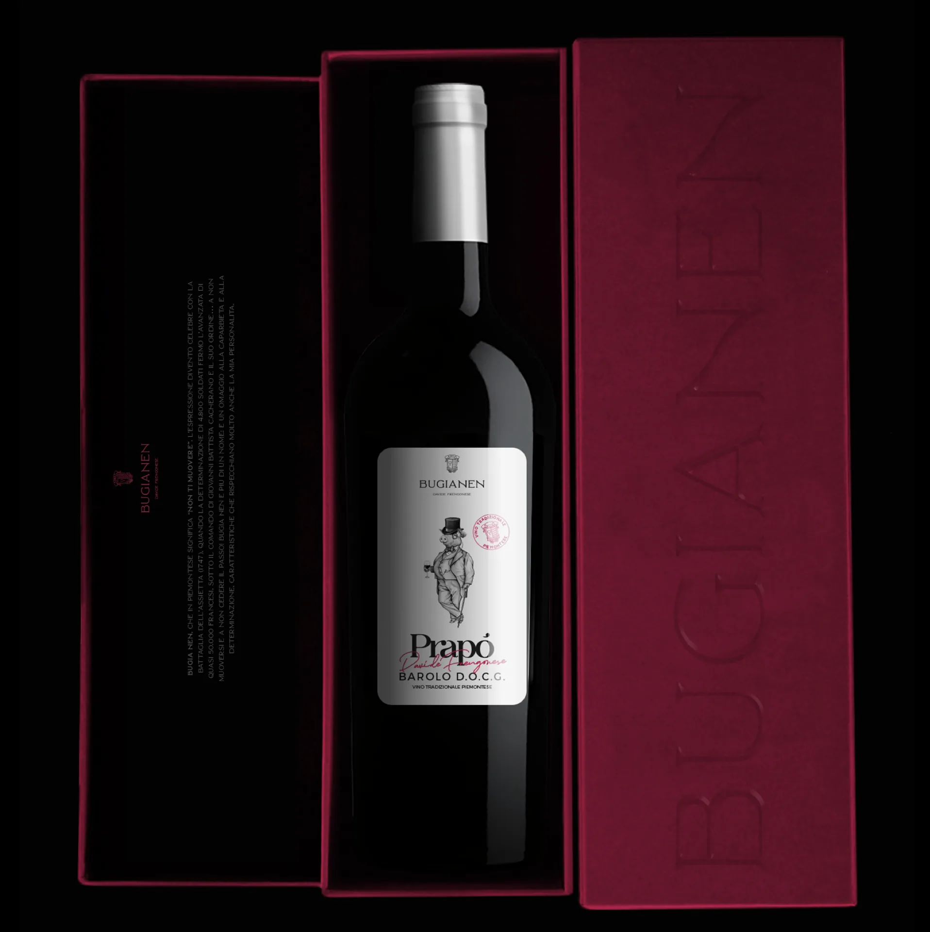 Scatola regalo bordeaux Bugianen aperta con la bottiglia di Barolo